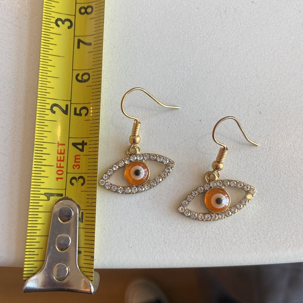 Vintage Rhinestone Orange Evil Eye Earrings - Picture 3 of 3